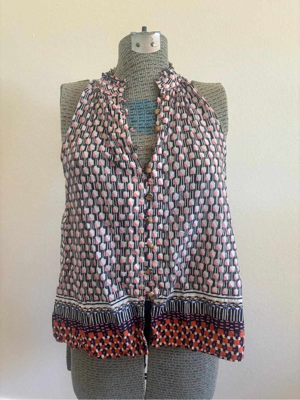 Maeve Pink & Black Geometric Halter Button-Front Camisole - Picture 1 of 5
